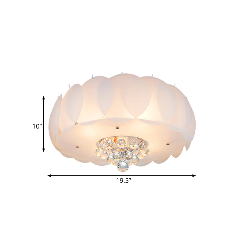 Modern Frosted Glass Flushmount Ceiling Lamp With Crystal Ball - Drum Design White Finish Available