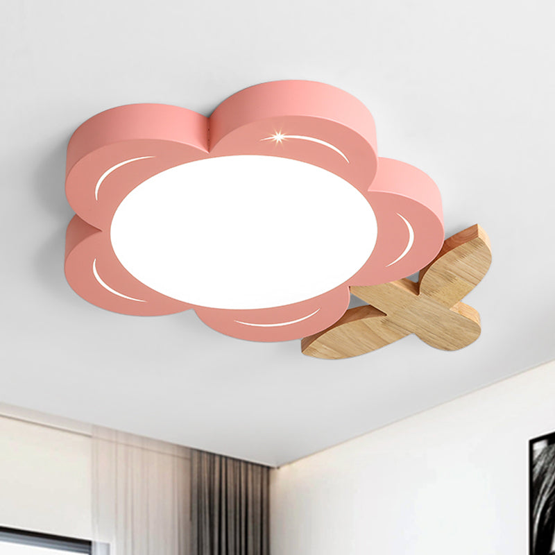 Red Floral Ceiling Led Nursery Light Fixture With Wood Décor - Kids Flush Mount Lighting