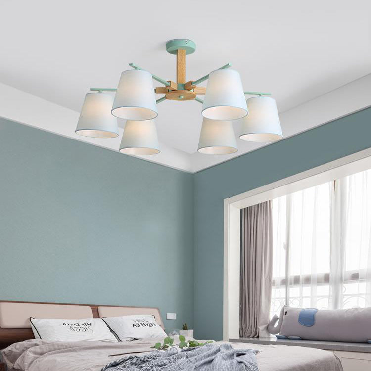 Modern Wood Ceiling Pendant With Tapered Fabric Shade - Available 3/6 Heads For Living Room