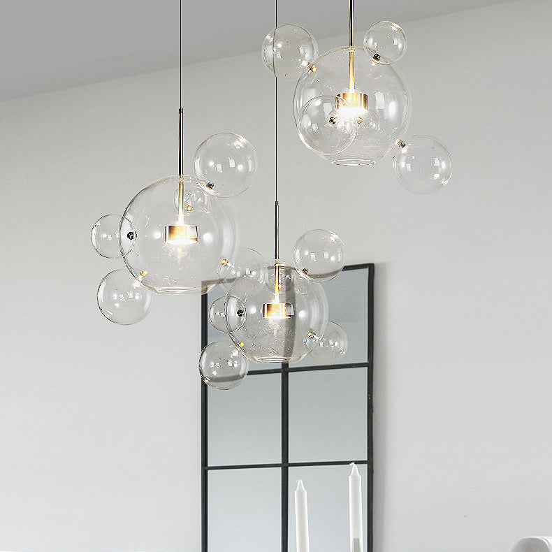 Gold Bubble Design Led Pendant Light - Clear Glass Ball Modernist Style 1/4/6 Lights