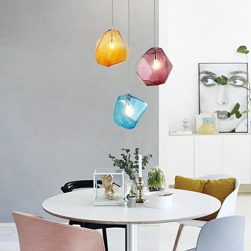 Contemporary Glass Pendant Light - Faceted Grey/Orange/Purple 1-Light Led Hanging Lamp For Dining