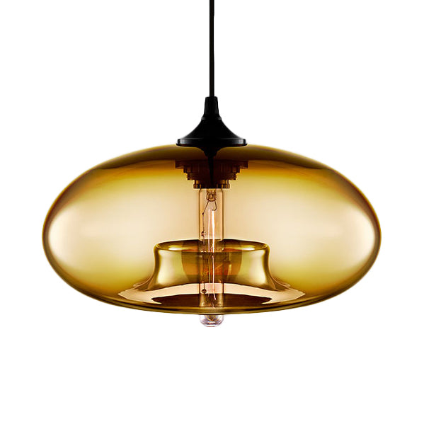Contemporary 1-Light Hanging Ceiling Lamp With Oval Glass Shade In Red/Brown/Blue Amber