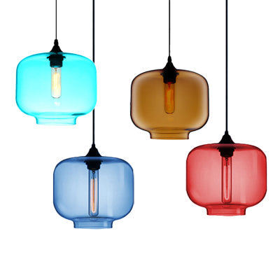 Contemporary Glass Cylinder Hanging Lamp - Red/Brown/Blue 1 Light Ceiling