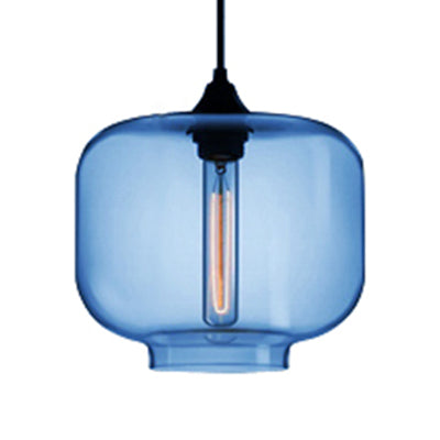 Contemporary Glass Cylinder Hanging Lamp - Red/Brown/Blue 1 Light Ceiling Dark Blue