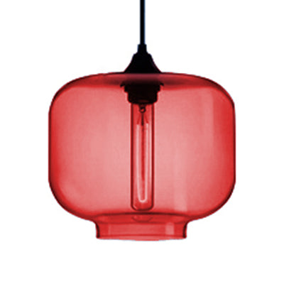 Contemporary Glass Hanging Lamp - Cylinder Shape 1 Light Red/Brown/Blue Red
