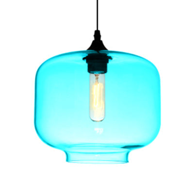 Contemporary Glass Cylinder Hanging Lamp - Red/Brown/Blue 1 Light Ceiling Sky Blue