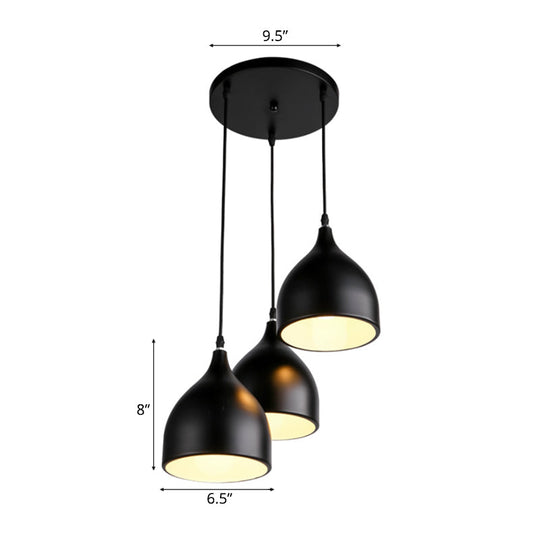 Modern 3-Light Bell Pendant In Black/White Metal With Round/Linear Canopy
