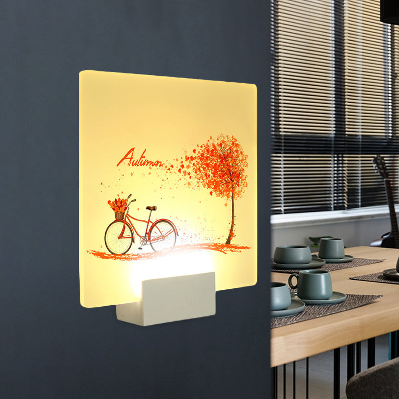 Autumn Tree And Bicycle Led Acrylic Wall Lamp Chinese Inspired Square Design