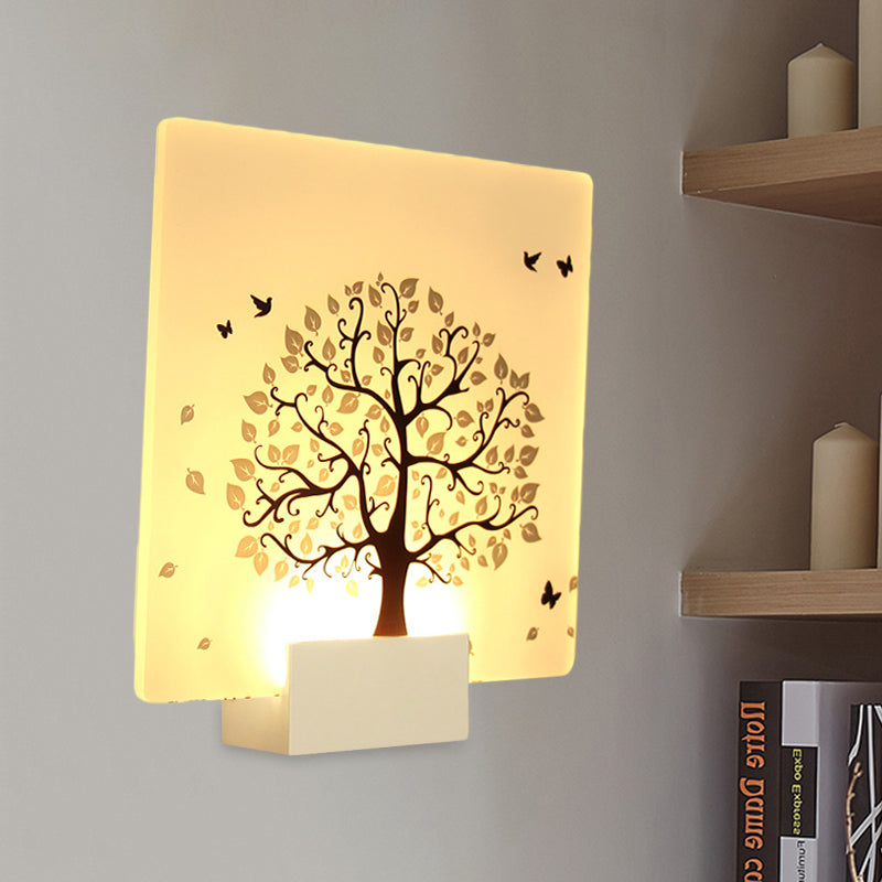 Nordic Style Led Acrylic Wall Mural Lamp - White Square Tree And Bird Light For Living Room