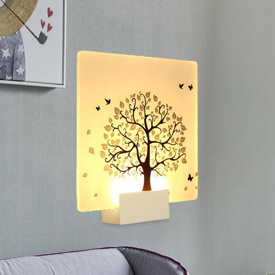 Nordic Style Led Acrylic Wall Mural Lamp - White Square Tree And Bird Light For Living Room