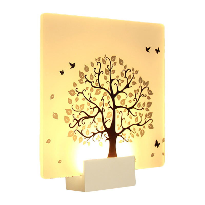 Nordic Style Led Acrylic Wall Mural Lamp - White Square Tree And Bird Light For Living Room