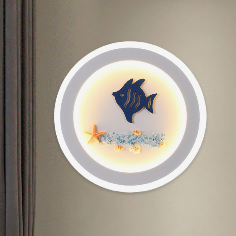 Contemporary Style Led Wall Light Fixture - White Round Acrylic Lamp With Fish And Sea Star Pattern