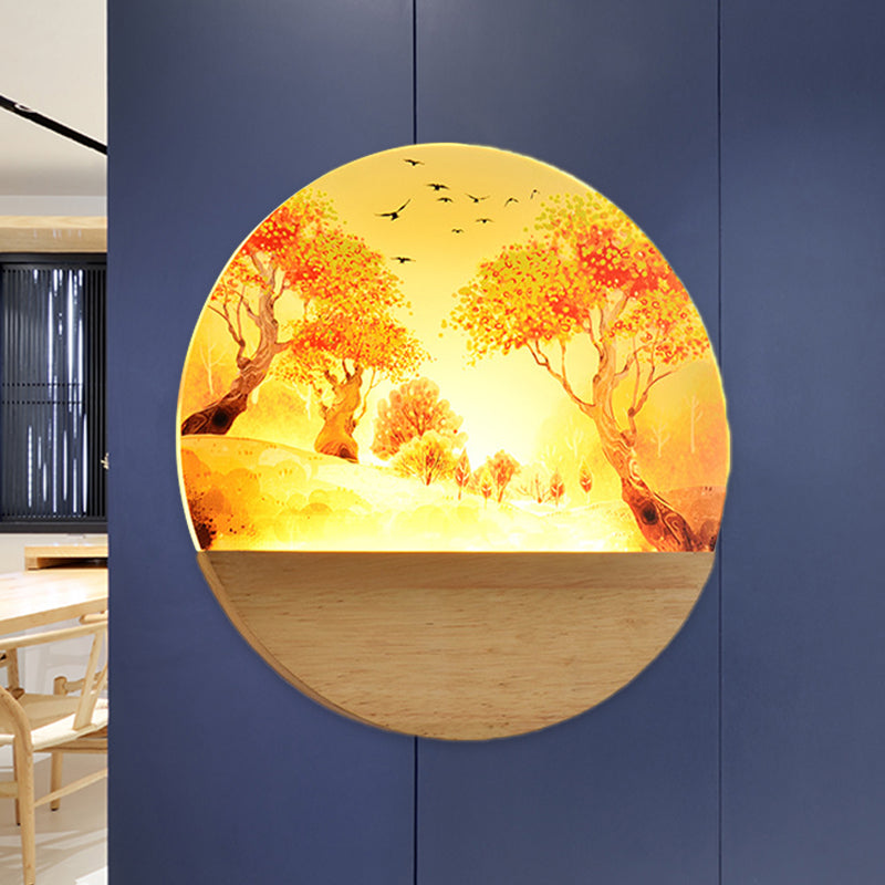 Nordic Style Led Wood Wall Mural Light - Acrylic Circular Autumn Trees Lighting For Corridor