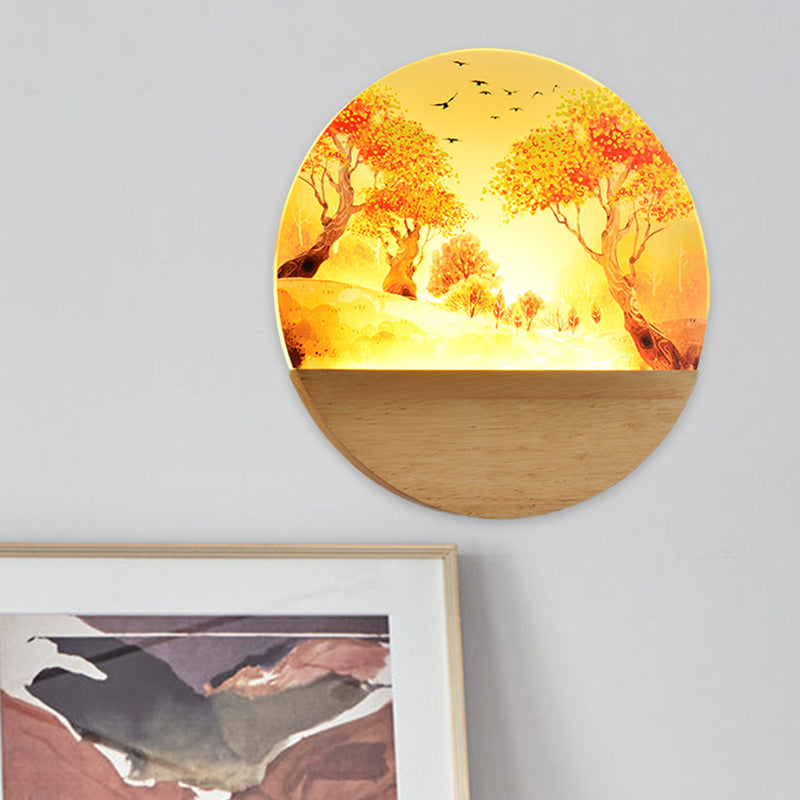 Nordic Style Led Wood Wall Mural Light - Acrylic Circular Autumn Trees Lighting For Corridor