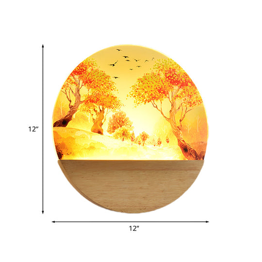Nordic Style Led Wood Wall Mural Light - Acrylic Circular Autumn Trees Lighting For Corridor