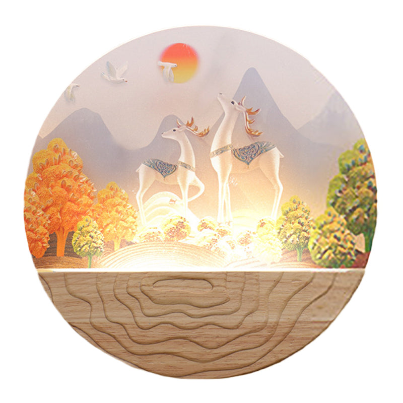 Rounded Elk & Mountain Mural Lamp - Minimalist Led Wall Fixture With Wood Accents