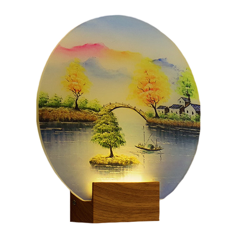 Simplified Led Mural Light: Acrylic Wood Circular Wall Fixture With Bridge And Water Design