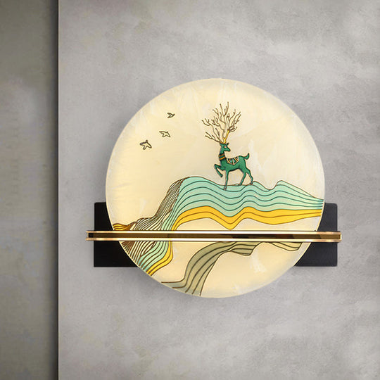 Black Oriental Style Led Wall Lamp With Elk Deer/Fish Pattern - Acrylic Surface Rounded Design /