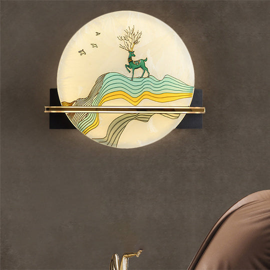 Black Oriental Style Led Wall Lamp With Elk Deer/Fish Pattern - Acrylic Surface Rounded Design