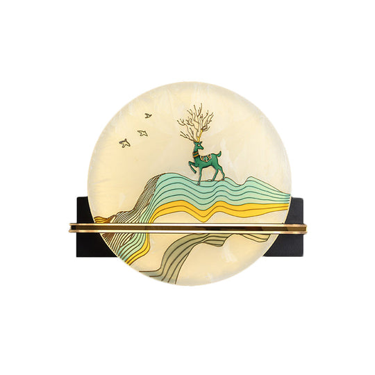 Black Oriental Style Led Wall Lamp With Elk Deer/Fish Pattern - Acrylic Surface Rounded Design