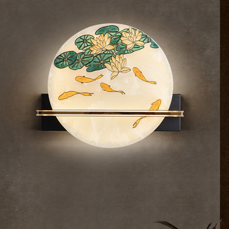 Black Oriental Style Led Wall Lamp With Elk Deer/Fish Pattern - Acrylic Surface Rounded Design /