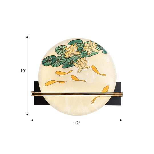 Black Oriental Style Led Wall Lamp With Elk Deer/Fish Pattern - Acrylic Surface Rounded Design