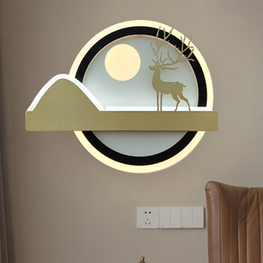 Chinese-Style Elk Deer Led Wall Lamp In Gold With Acrylic Rounded Design