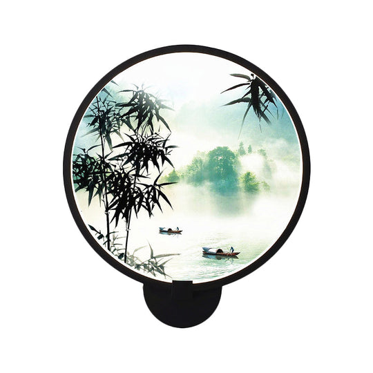 Rounded Natural Scenery Mural Acrylic Led Wall Mounted Light In Black - Asia Style