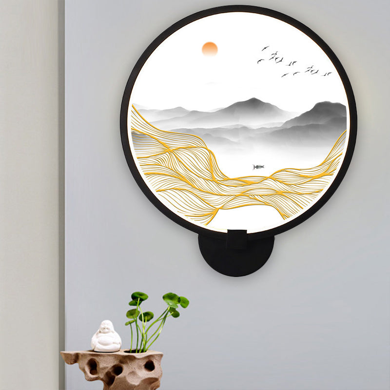 Rounded Natural Scenery Mural Acrylic Led Wall Mounted Light In Black - Asia Style