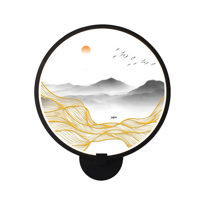 Rounded Natural Scenery Mural Acrylic Led Wall Mounted Light In Black - Asia Style