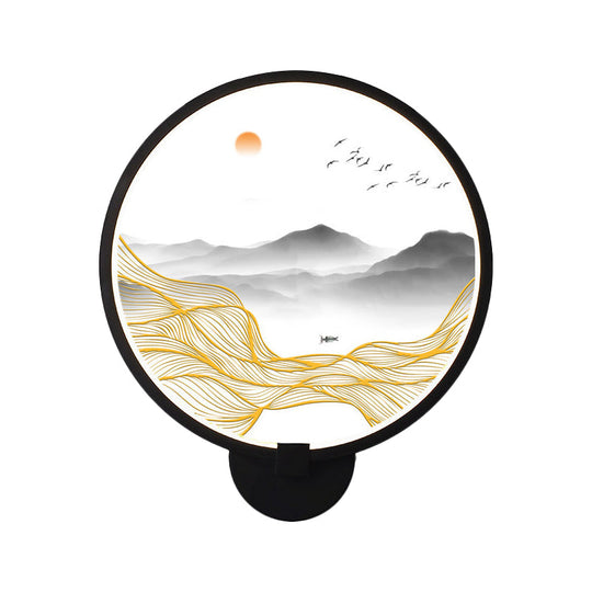 Rounded Natural Scenery Mural Acrylic Led Wall Mounted Light In Black - Asia Style