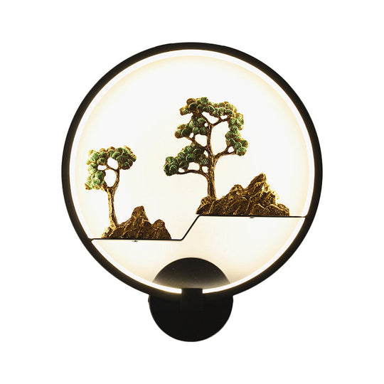 Rounded Natural Scenery Mural Acrylic Led Wall Mounted Light In Black - Asia Style