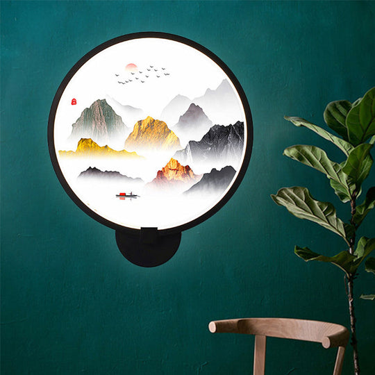 Chinese Metal Led Wall Lamp With Circular Natural View - Black Mural Light For Bedroom