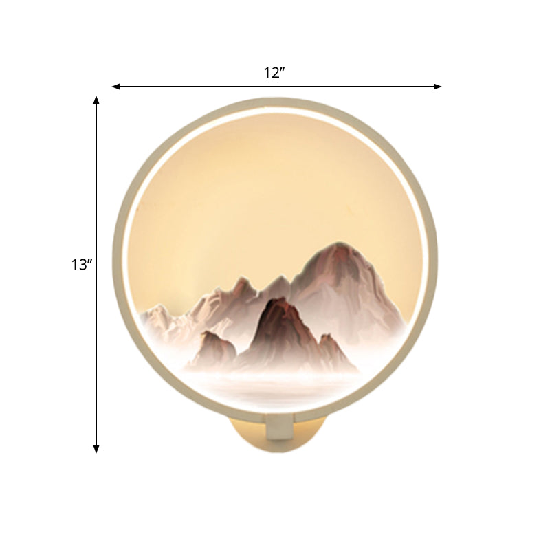 Led Oriental Style Wall Lamp With Mountain Pattern - White Circular Metal Lighting Idea