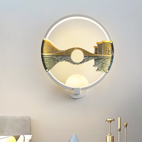 Black/White Round Bridge Wall Mural Led Acrylic Light Fixture Oriental Style White