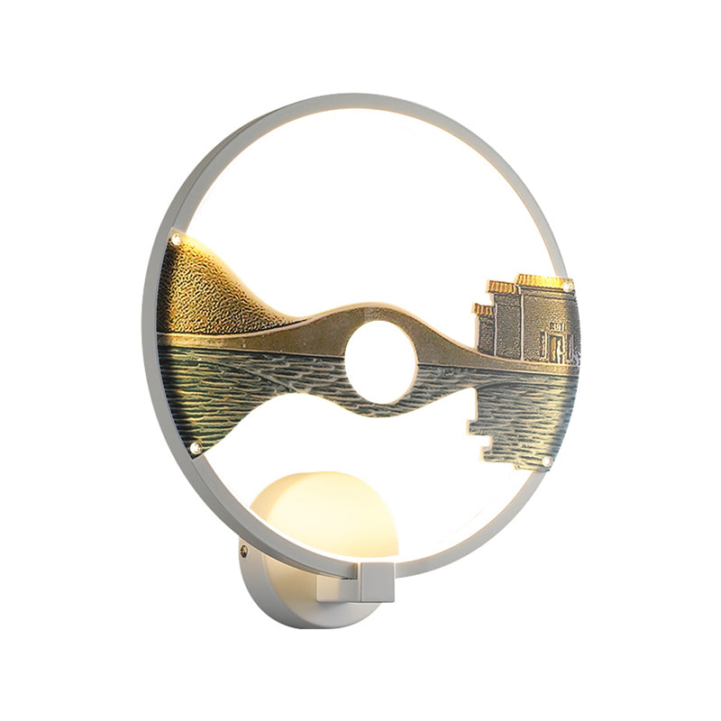 Black/White Round Bridge Wall Mural Led Acrylic Light Fixture Oriental Style