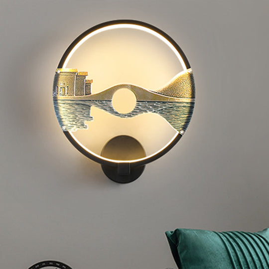 Black/White Round Bridge Wall Mural Led Acrylic Light Fixture Oriental Style Black