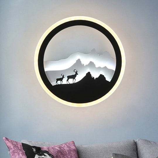 Chinese Acrylic Round Wall Light With Led-Illuminated Deer And Mountain Mural In Black White