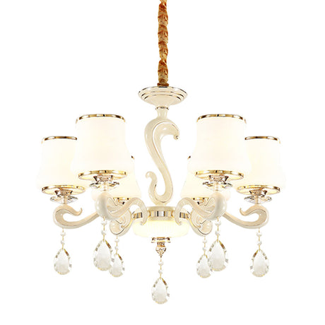 6-Bulb Opal Glass Hanging Lamp - Modern White Curved Shape Chandelier Light For Bedrooms