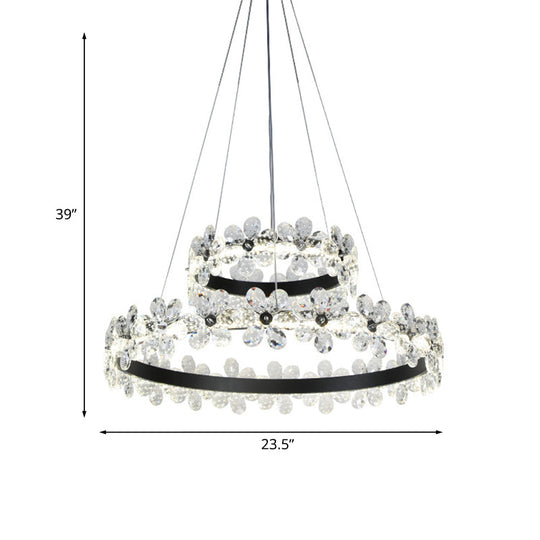 Minimalistic Black Crystal Flower Led Chandelier Lighting - Living Room Hoop Hanging Light Kit