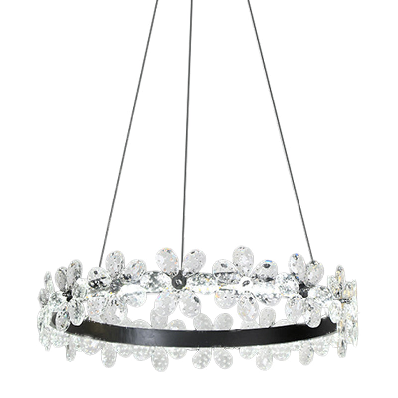 Minimalistic Black Crystal Flower Led Chandelier Lighting - Living Room Hoop Hanging Light Kit