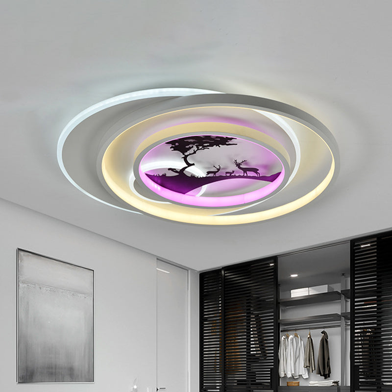 Modern White Flush Light Fixture: Led Acrylic Flushmount Lamp With Elegant Patterns - Flower Deer