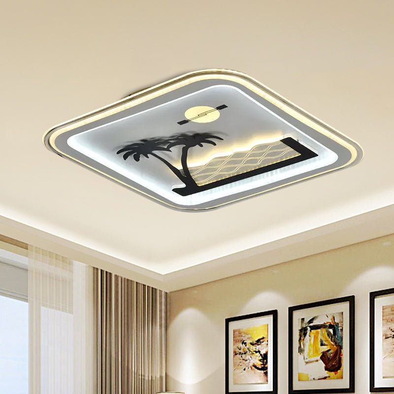 Modern Square Flushmount Led Lamp With Tree Pattern In White - Bedroom Fixture / B