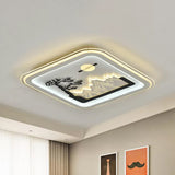 Modern Square Flushmount Led Lamp With Tree Pattern In White - Bedroom Fixture