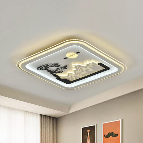 Modern Square Flushmount Led Lamp With Tree Pattern In White - Bedroom Fixture