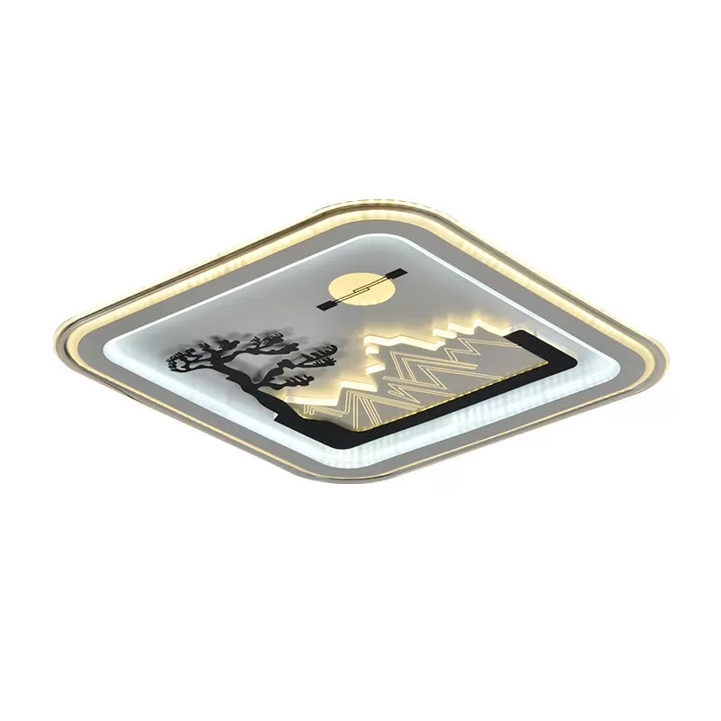 Modern Square Flushmount Led Lamp With Tree Pattern In White - Bedroom Fixture