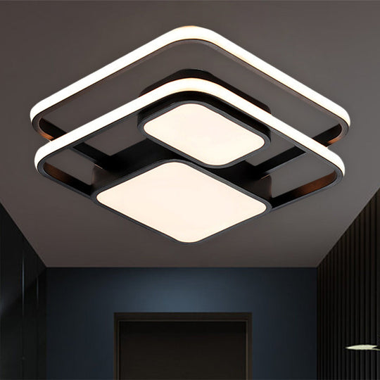 Contemporary Metallic Squared Flush Mount Lamp - White/Black Led Light 16.5’/20.5’ Width