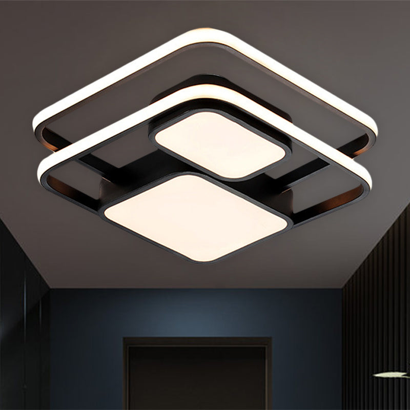 Contemporary Metallic Squared Flush Mount Lamp - White/Black Led Light 16.5/20.5 Width White/Warm