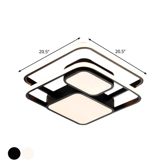 Contemporary Metallic Squared Flush Mount Lamp - White/Black Led Light 16.5’/20.5’ Width White/Warm