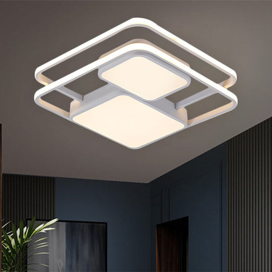 Contemporary Metallic Squared Flush Mount Lamp - White/Black Led Light 16.5’/20.5’ Width White/Warm